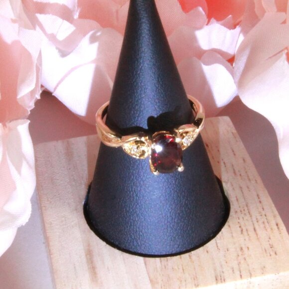 Vintage Gold Tone Ring with a Faux Garnet and Clear Rhinestones - Picture 2 of 7